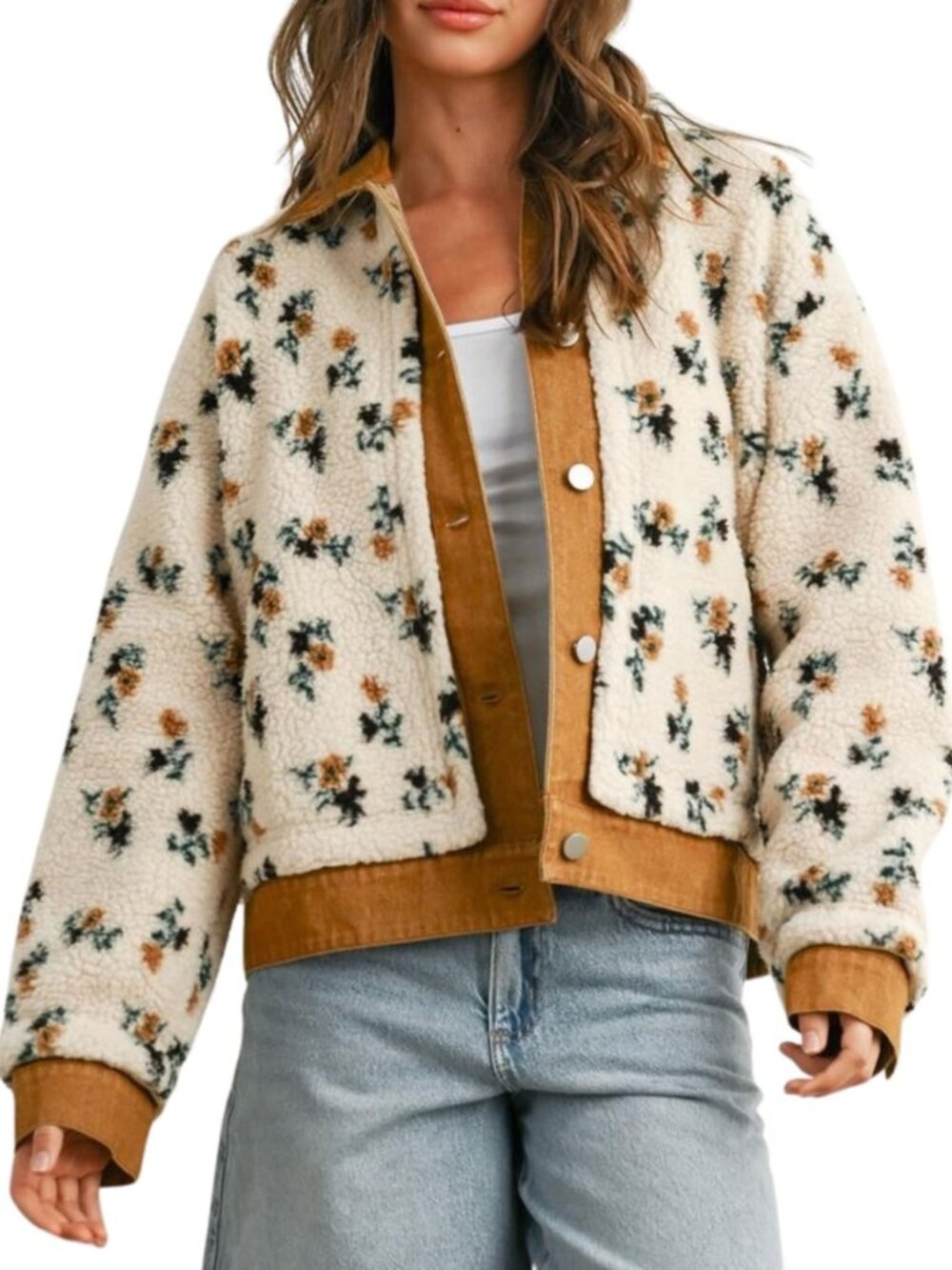 Women's Floral Sherpa Jacket Open Front Denim Collar Fleece Jackets Oversized